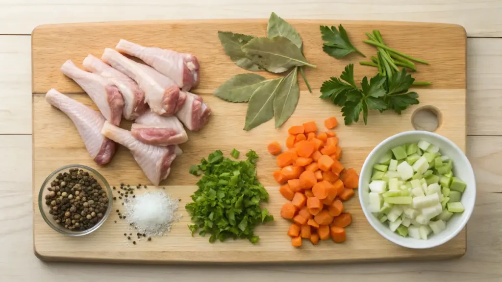  Chicken bones, vegetables, and spices ready for making broth.