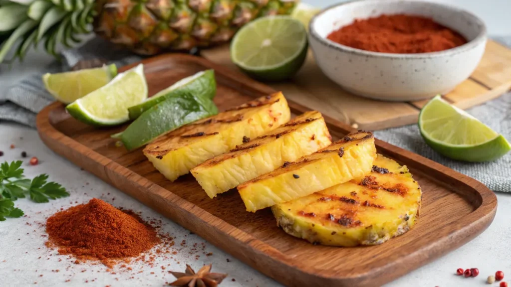 Grilled pineapple wedges with lime and chili powder.