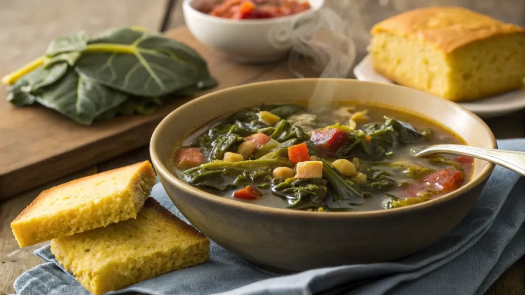 Hearty soup made from leftover collard greens served with cornbread