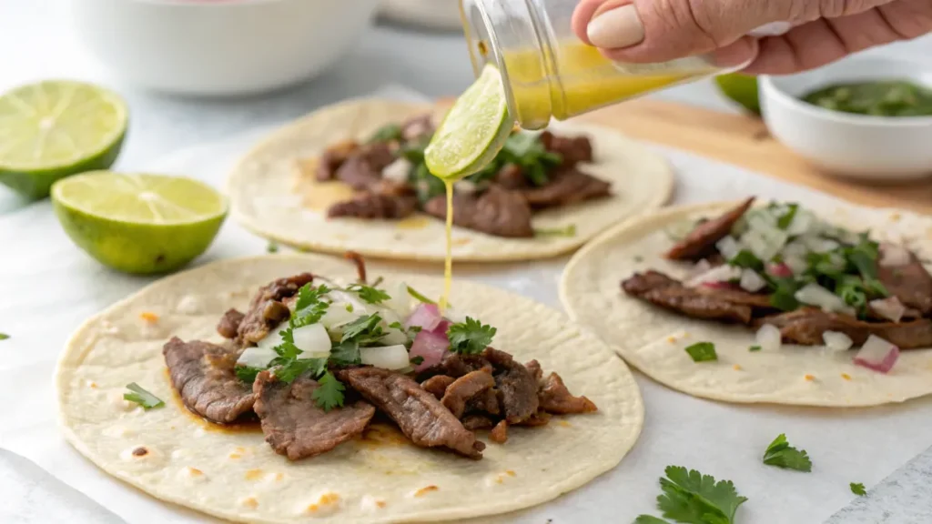 Assembling tacos de lengua with tortillas, beef tongue, and fresh toppings.