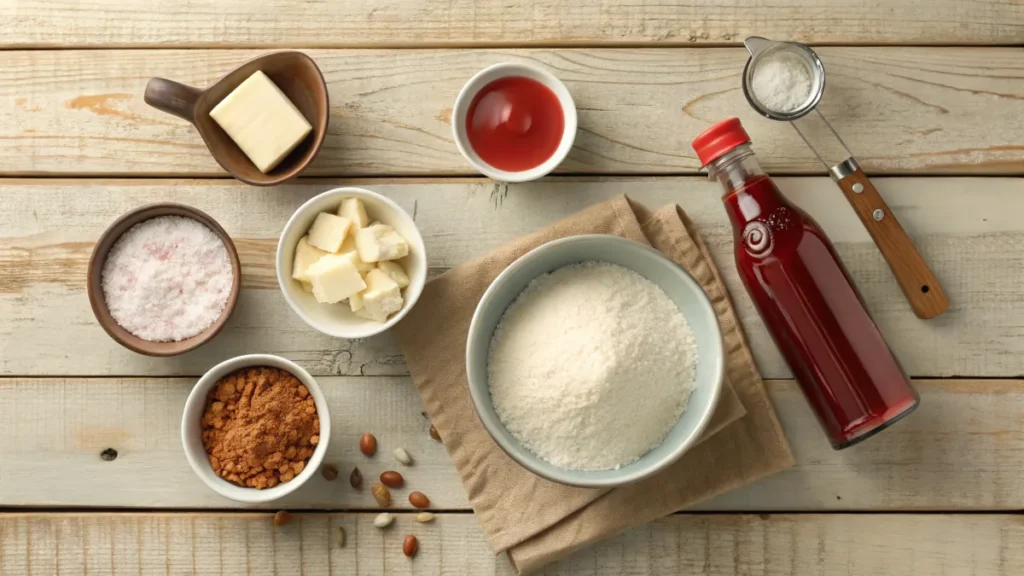 Ingredients for Salara neatly arranged, including flour, butter, grated coconut, sugar, and food coloring.