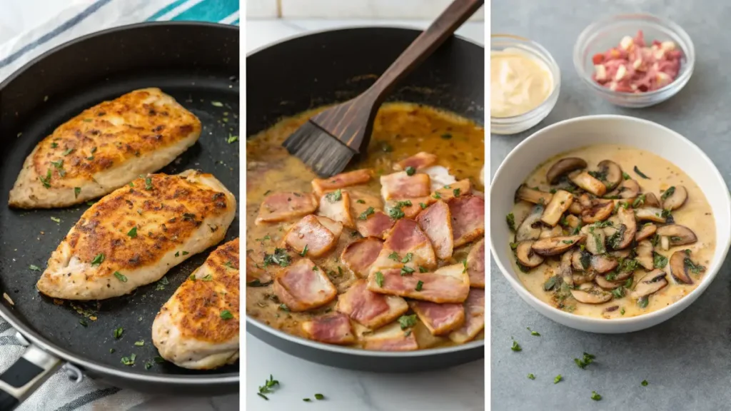 Step-by-step preparation of Alice Springs Chicken, showing seared chicken breasts, cooked bacon, sautéed mushrooms, and a bowl of honey mustard sauce.