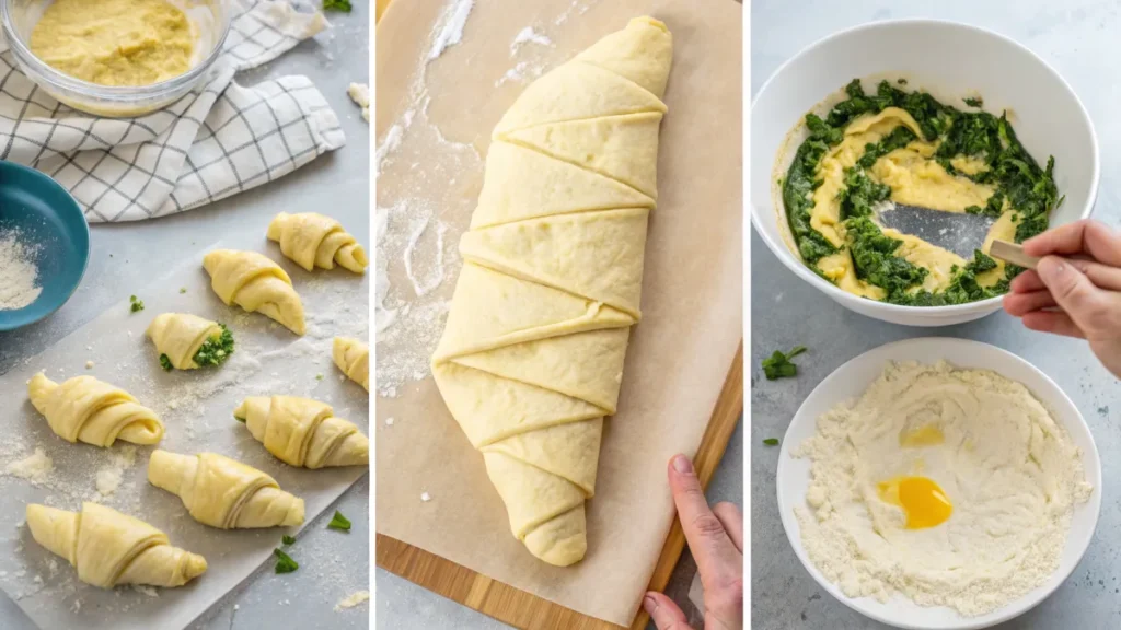 Step-by-step process of making vegetarian croissants with plant-based ingredients.