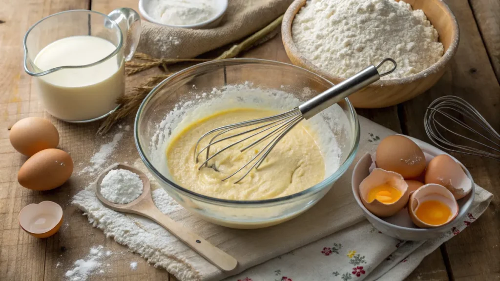 Mixing popover batter in a glass bowl with whisk and ingredients.