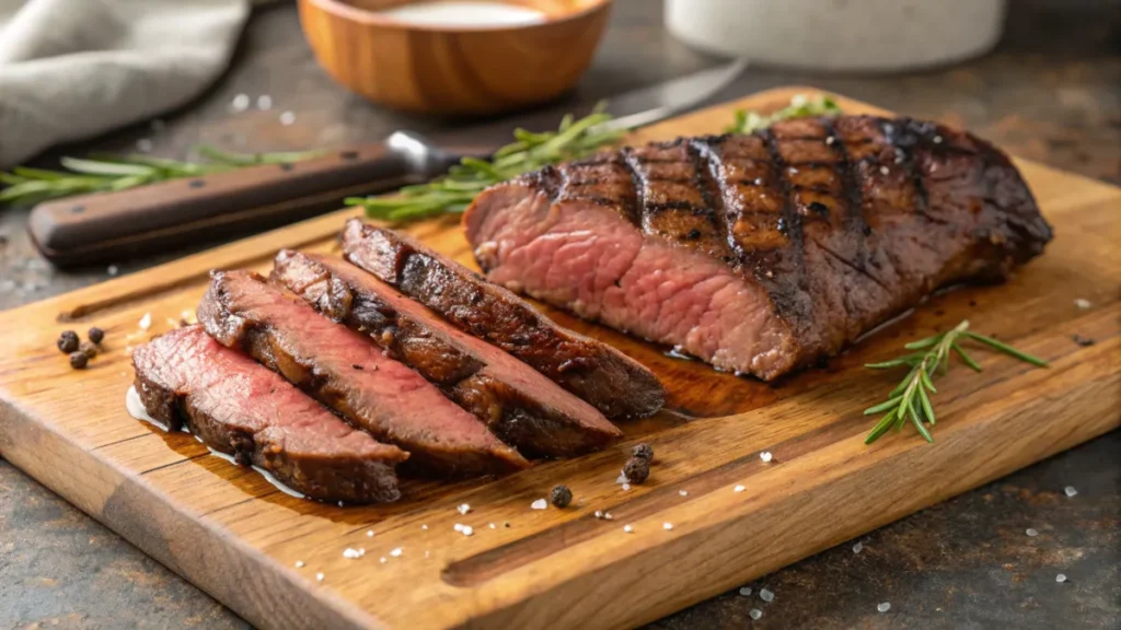 Grilled flap meat being sliced thinly on a cutting board.