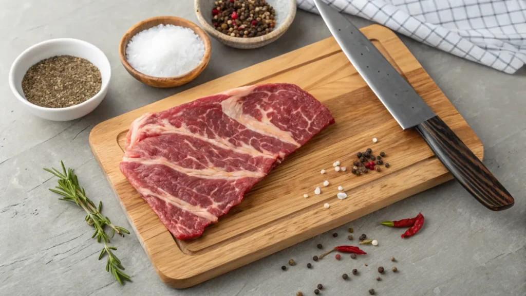 Close-up of raw flap meat with visible marbling on a butcher’s board.