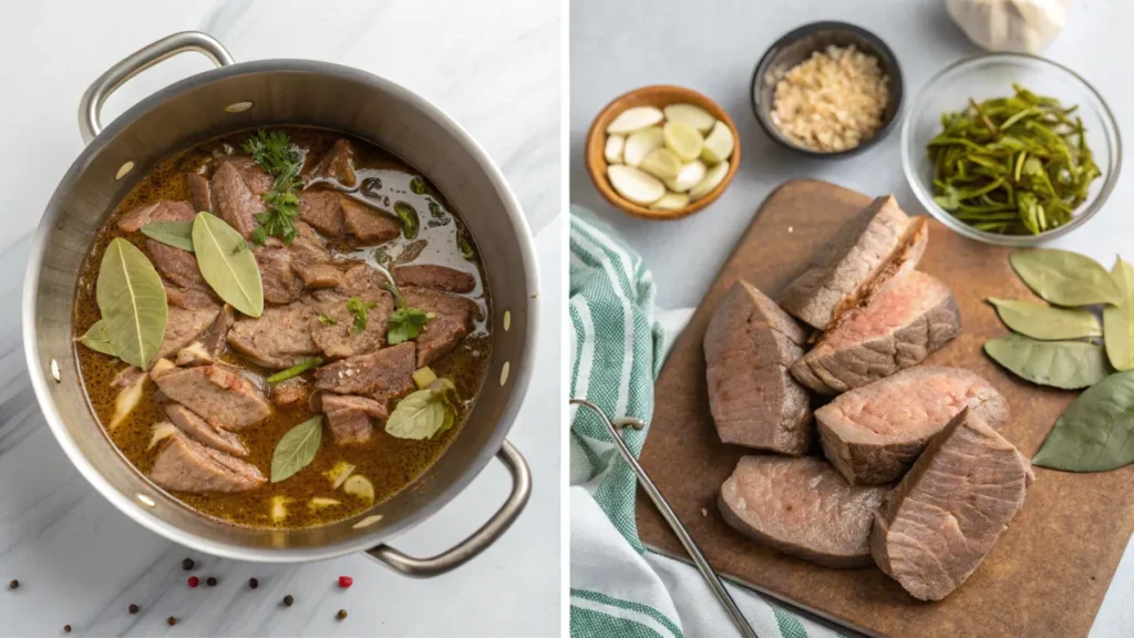 Step-by-step preparation of tacos de lengua with beef tongue and spices.