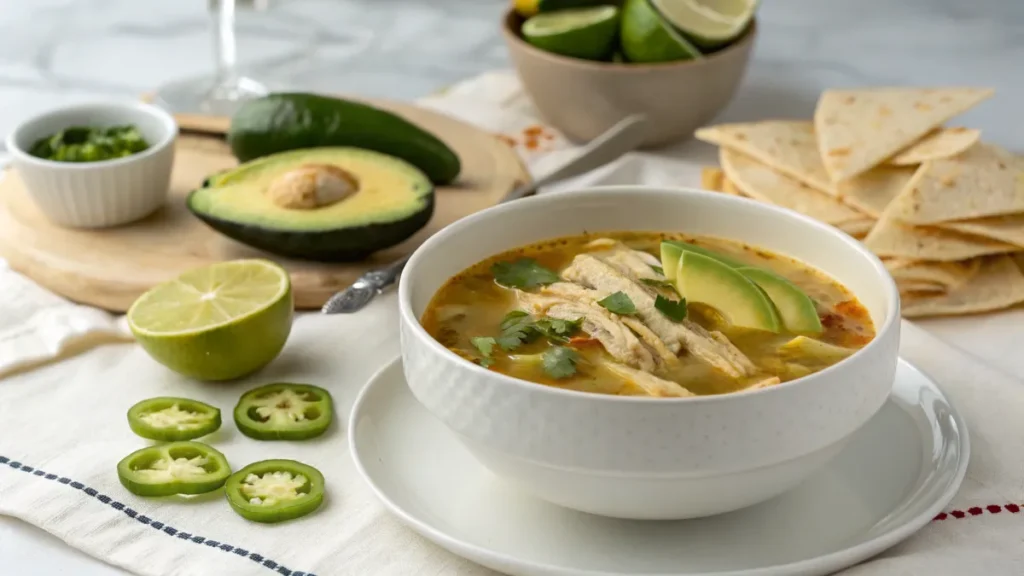 Caldo de Pollo served with tortillas, avocado, and lime on a dining table.