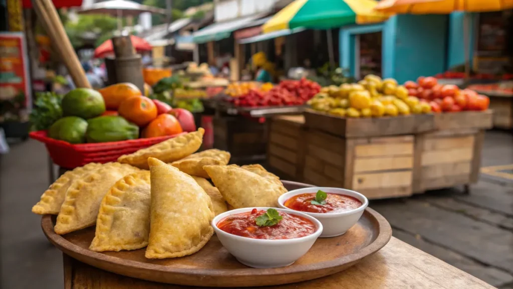 Venezuelan street food vendor frying empanadas in a large pan