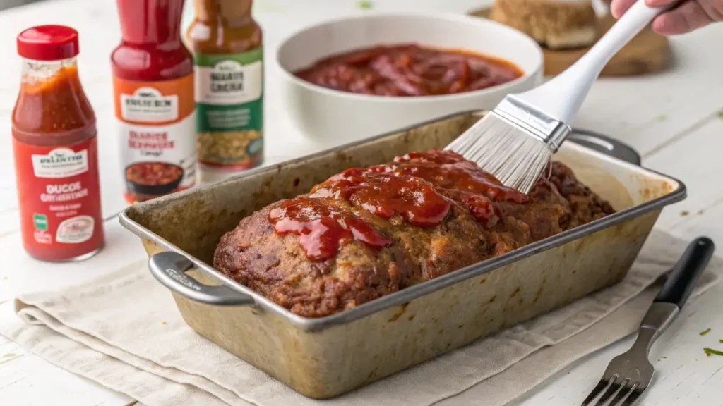  A meatloaf with a tangy ketchup glaze being brushed before baking