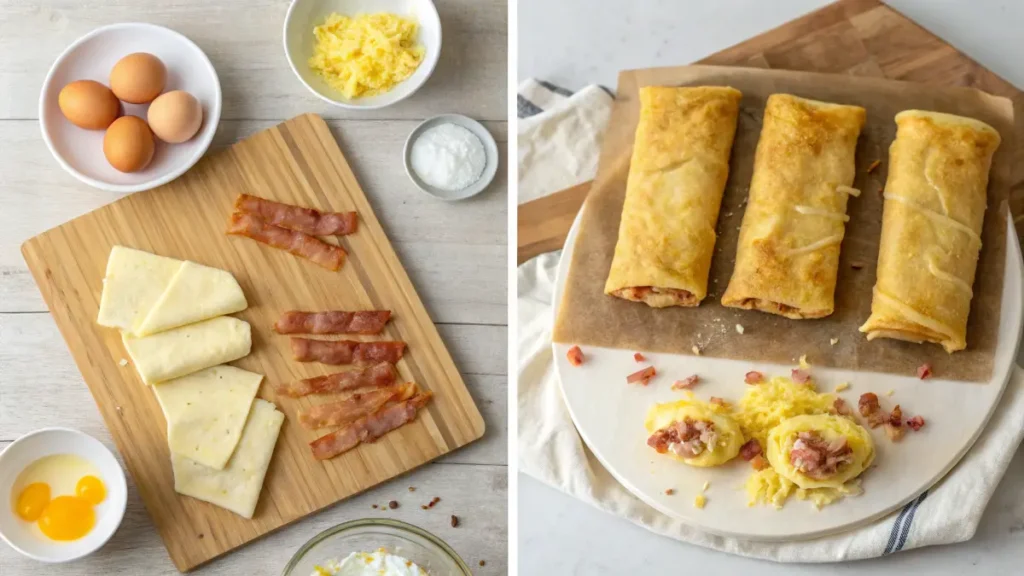 Step-by-step process of making breakfast egg rolls, from filling to rolling and frying.