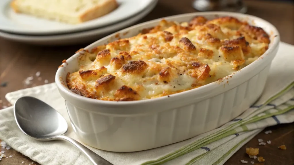 Freshly baked pineapple casserole with a golden-brown cracker crust in a white baking dish.