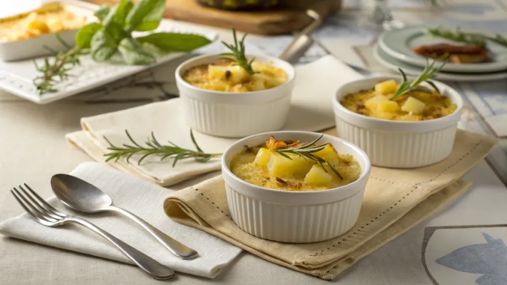 Individual servings of pineapple casserole in ramekins with a sprig of parsley on top.