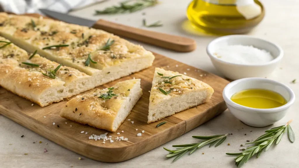 Slices of golden focaccia on a wooden board with a side of olive oil