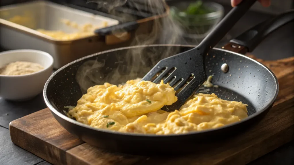 Soft-scrambled eggs in a non-stick pan, being stirred with a spatula over low heat.