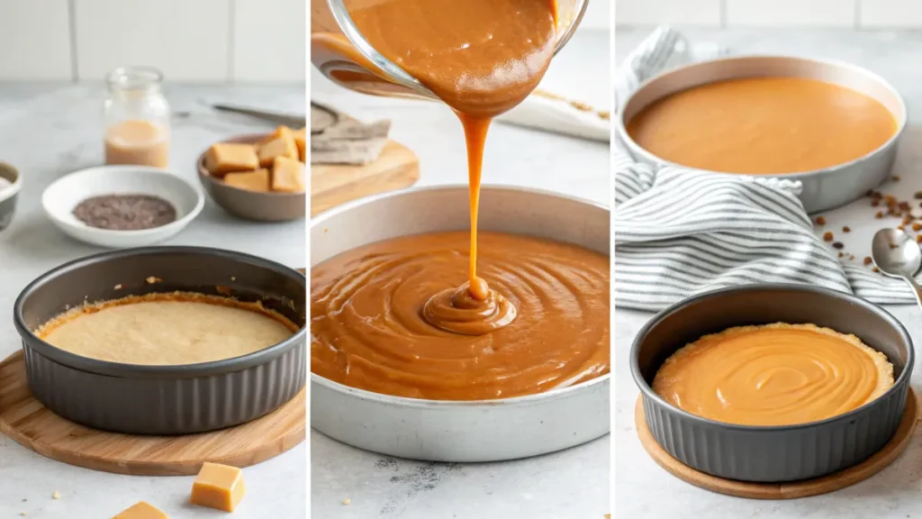 Golden caramel being poured into a baking dish for budín de pan preparation.