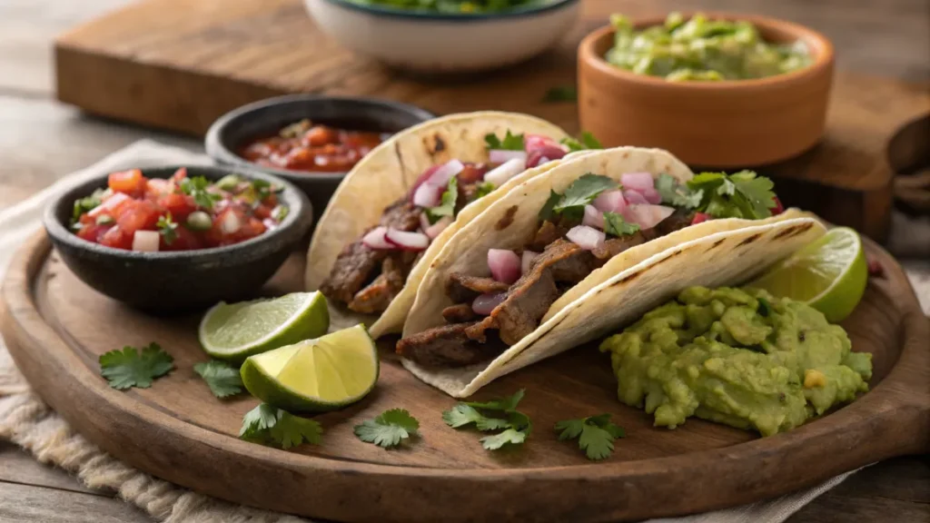 Tacos with flap meat and fresh toppings on a rustic platter.