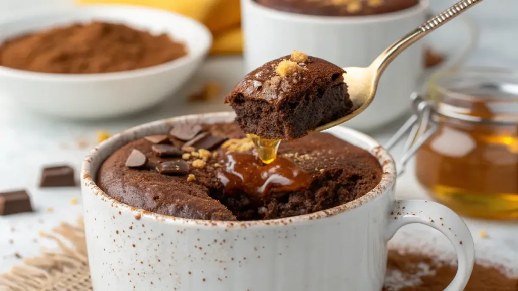 A rich and gooey high-protein chocolate mug cake in a white ceramic mug with a spoonful scooped out, revealing its moist texture.