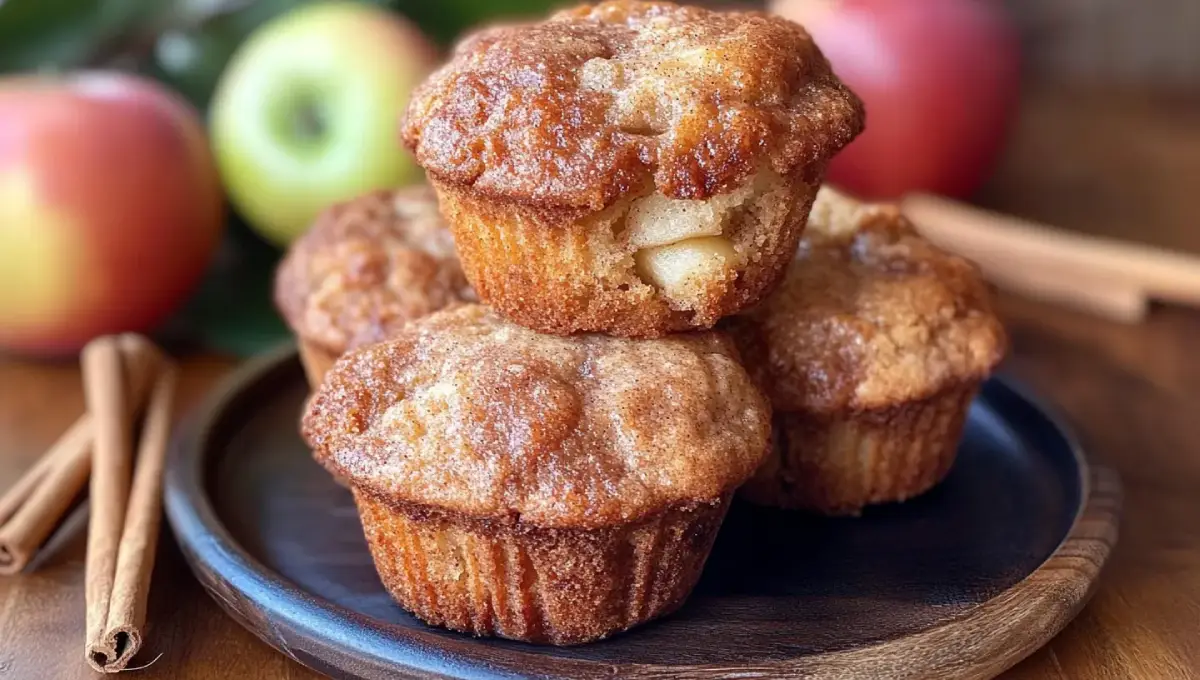 A plate of freshly baked sourdough apple muffins with a golden crust and cinnamon dusting