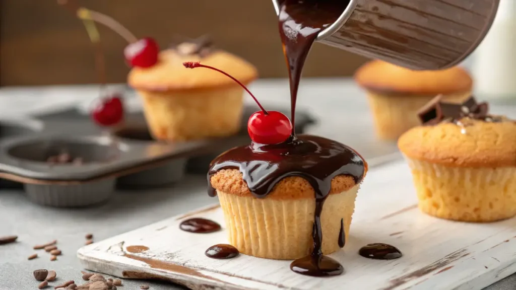 A baker pouring silky chocolate ganache over a cupcake topped with cherries.