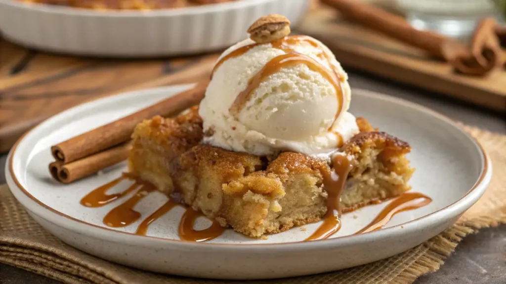 A slice of warm snickerdoodle cobbler with vanilla ice cream and caramel drizzle.