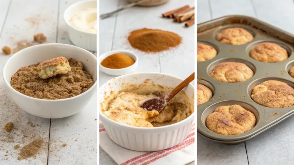Step-by-step process of making snickerdoodle cobbler, from batter to baked perfection.
