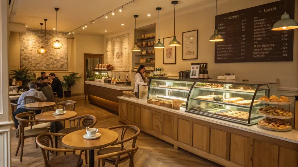 A cozy bakery café with an elegant dessert counter and warm ambiance at Dreamy Desserts Corner.
