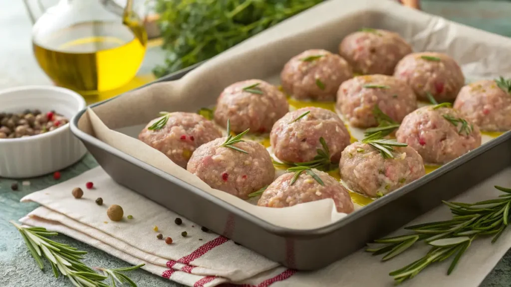 Greek meatballs rolled and ready to bake with herbs and oil.
