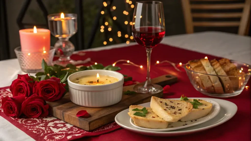 Romantic dinner setup with Butter Candle Dip and wine