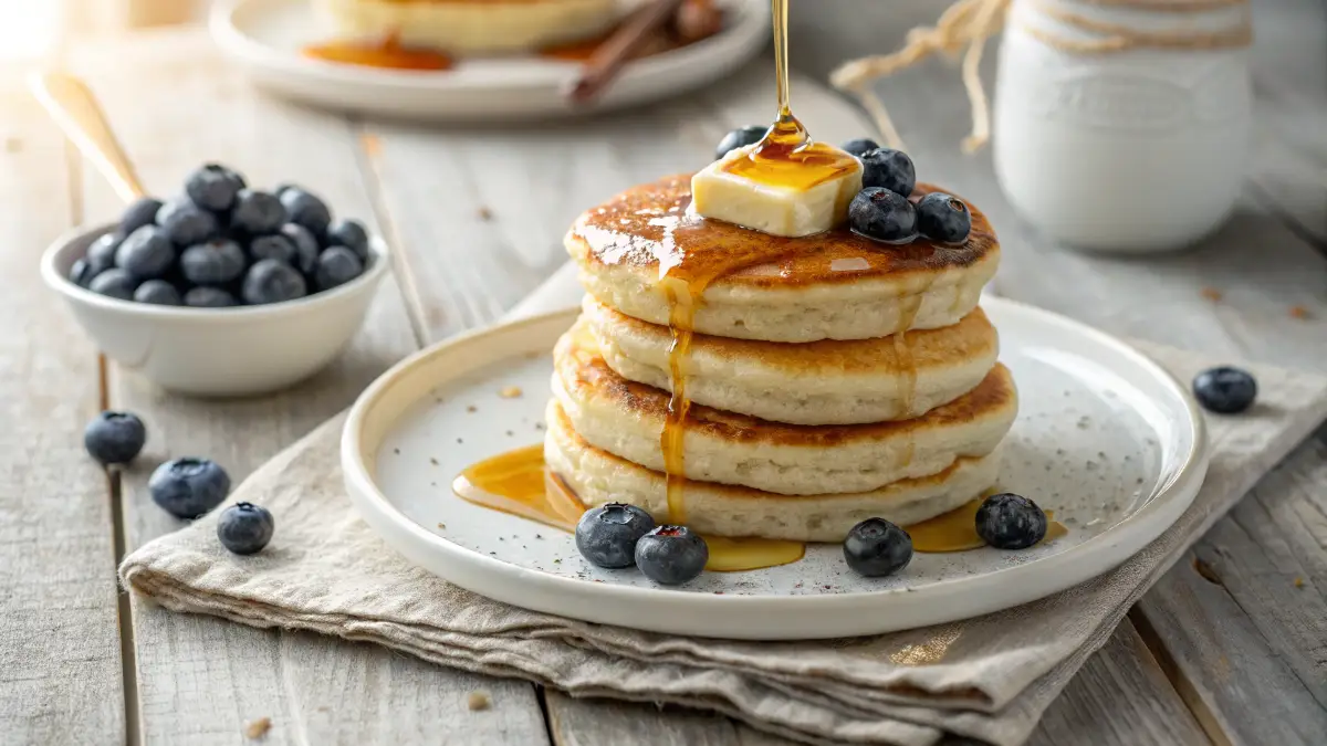 Fluffy buttermilk pancakes with syrup and berries