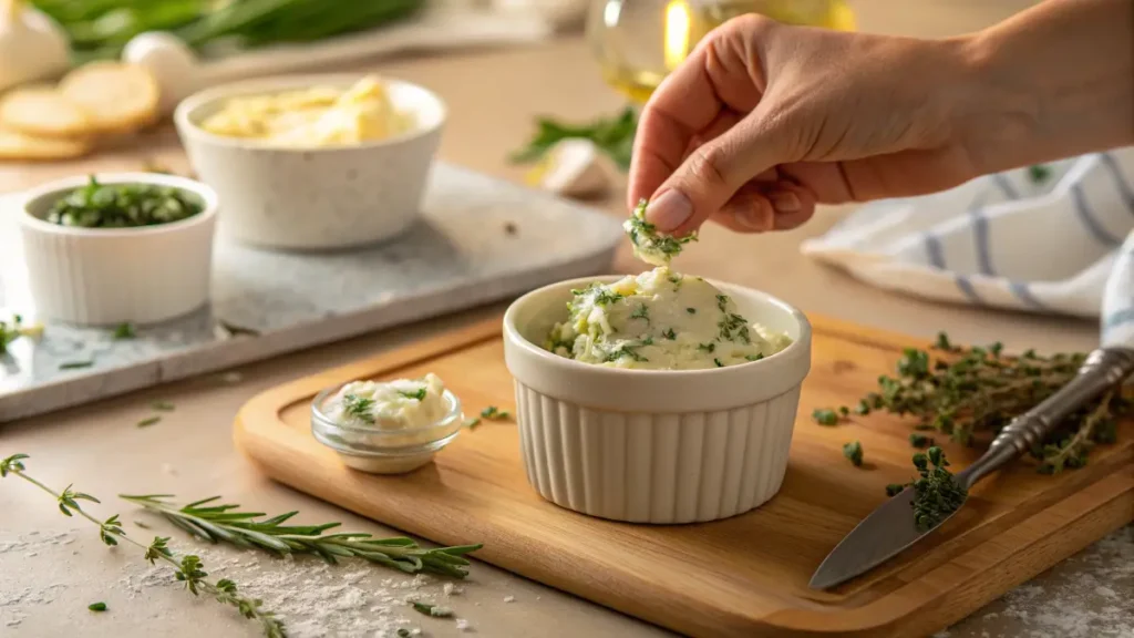 Filling ramekin with butter mixture for making a Butter Candle Dip