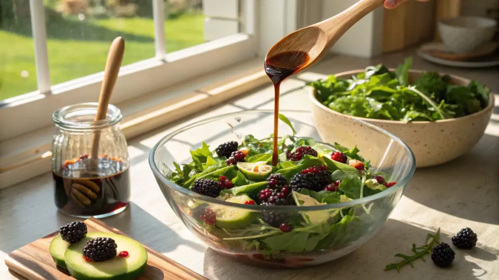Tossing Blackberry Bliss Salad with avocado and arugula in a glass bowl